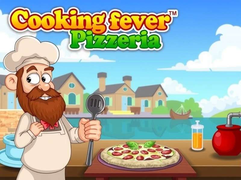 Screenshot of Cooking Fever Pizzeria gameplay showing a busy kitchen with multiple pizza orders