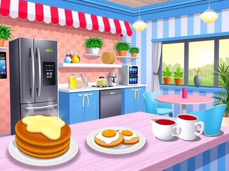 Breakfast Cafe scene in Cooking Fever game with pancakes and coffee