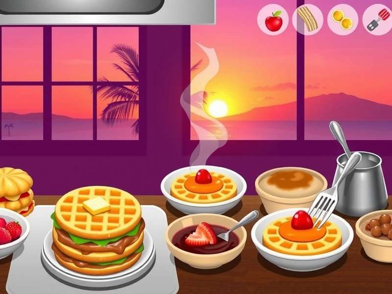 Screenshot of the Sunset Waffles level in Cooking Fever showing busy kitchen