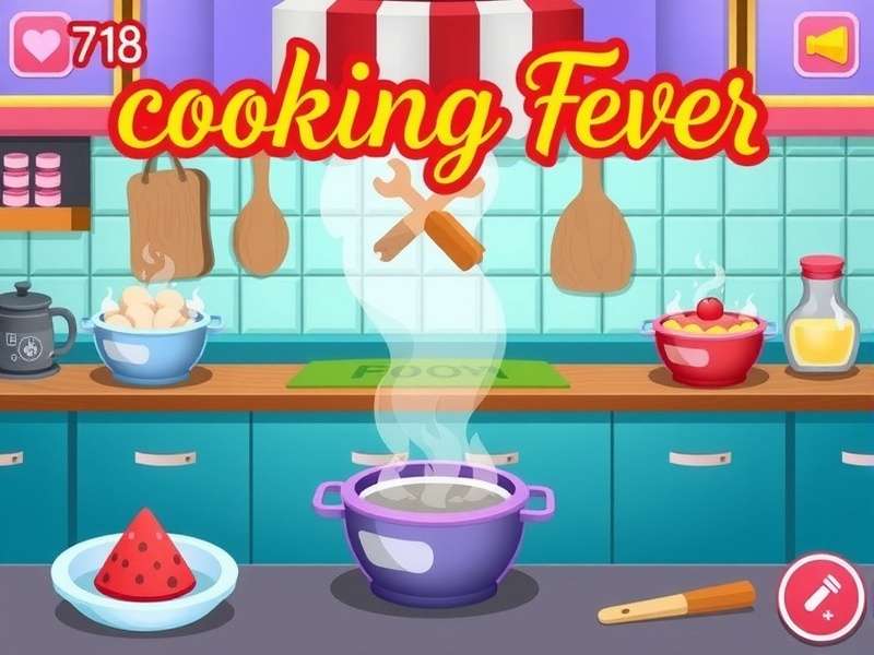 A vibrant virtual kitchen scene from Cooking Fever with burgers and fries
