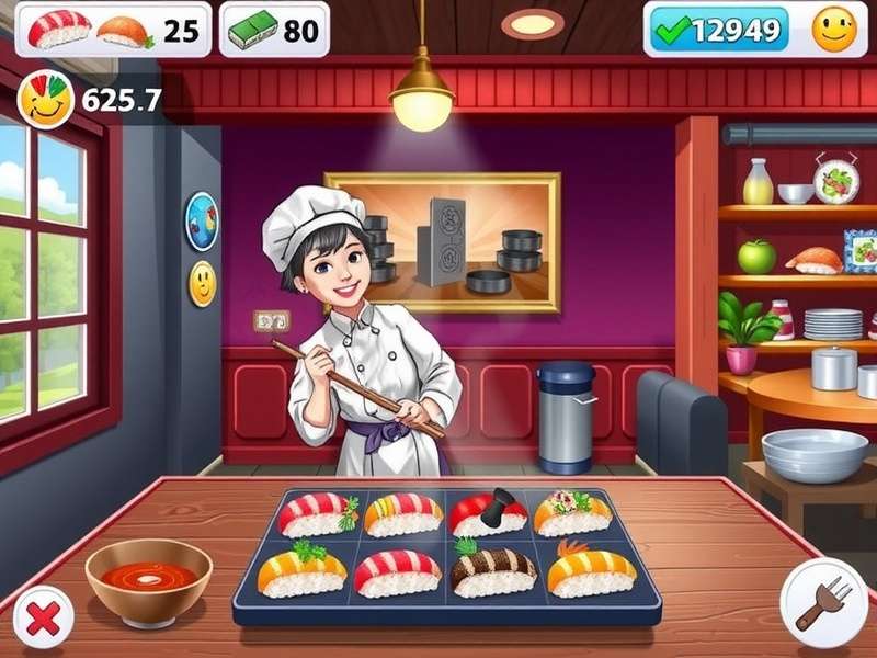 Detailed gameplay screenshot of Cooking Fever Sushi Restaurant level showing sushi preparation