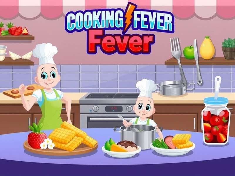 Gameplay screenshot of Cooking Fever showing a busy restaurant kitchen
