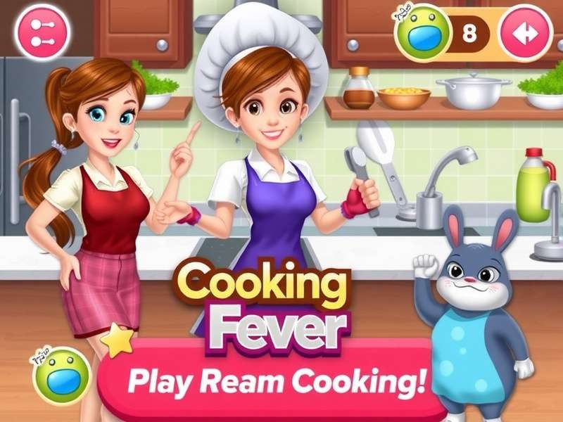 Cooking Fever gameplay screenshot showing a busy kitchen with multiple cooking stations