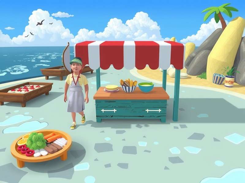 The Seashore Cooking Fever gameplay screenshot showing beachside cafe with customers ordering seafood and tropical drinks