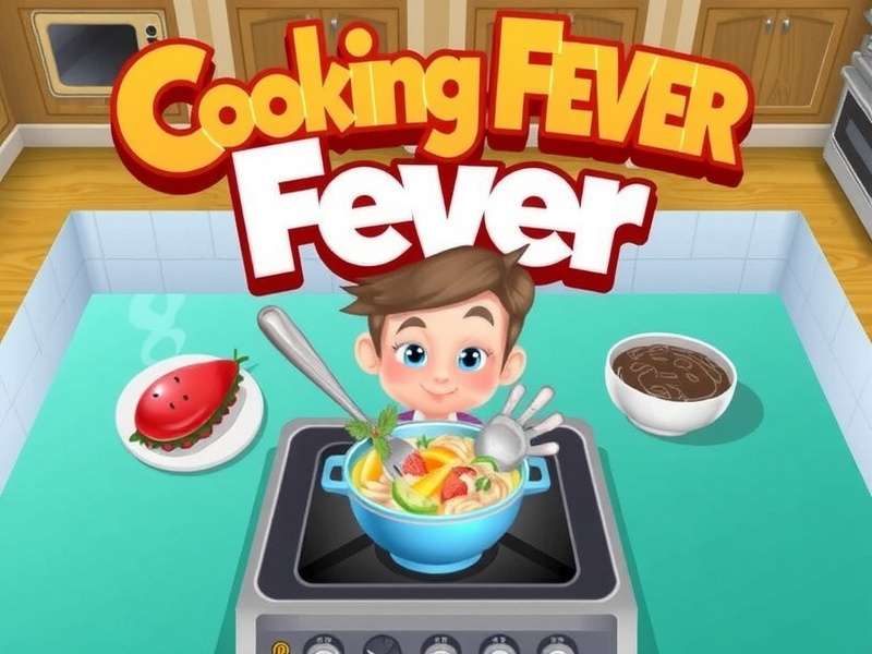 Cooking Fever game screenshot showing a busy kitchen with multiple cooking stations and customers