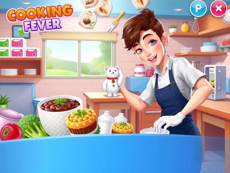 Cooking Fever Restaurant Game Gameplay screenshot showing a busy kitchen with multiple cooking stations