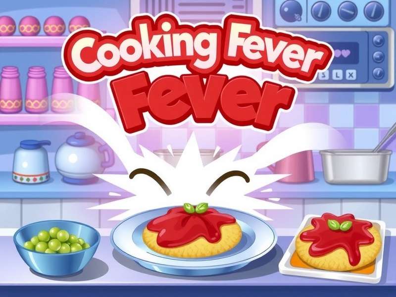 Cooking Fever gameplay screenshot showing a busy restaurant kitchen with multiple dishes being prepared