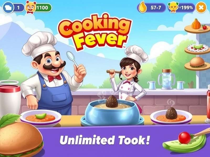 Cooking Fever game screenshot showing gem collection and restaurant management on Windows 10